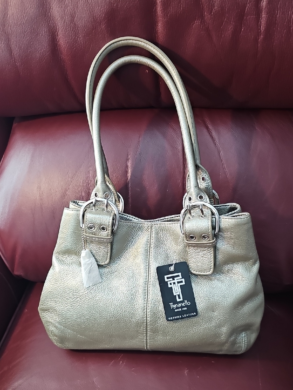 Tignanello Metallic Gold Shoulder Bag with Buckle Accents